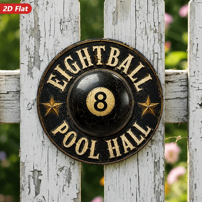 2D Flat, 1pc Vintage Billiards Round Metal Sign Wall Art, Home Decor, Eight Ball Center, Circular Pool Hall Lettering, Star Acce