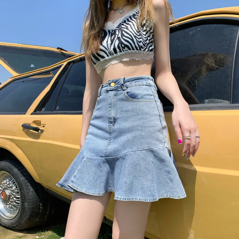 

Skinny A-word Short Skirt Spring 2026 High Waist Fishtail Hip Wrap Retro Elastic Ruffle Edge Denim Skirt Women's Clothing