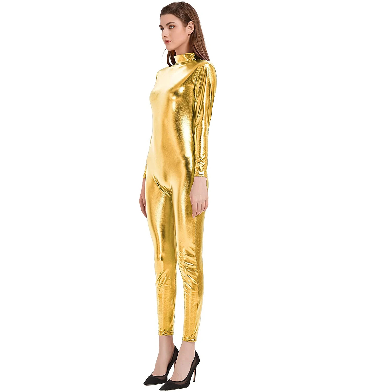 Speerise Women Shiny Metallic Unitard Long Sleeve Catsuit Mock Neck Bodysuit Stretch Zipper Back Stage Performance Costumes