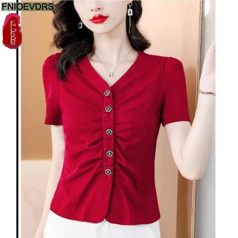 S-3XL 2023 Women Summer Short Sleeve Elegant Office Lady Work Button Shirt Casual Slim Wine Red Black White Short Tops Blouses