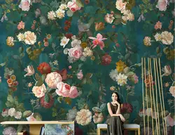 beibehang European retro hand-painted rose wallpaper oil painting flower pastoral mural living room TV background papel de pare