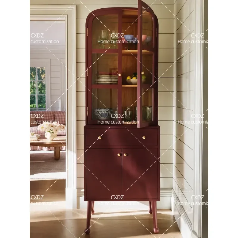 Retro Burgundy Curved Glass Display Side Cabinet Solid Wood High Leg with Drawer Living Room Storage Locker