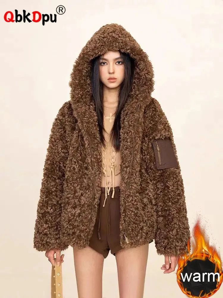 ผู้หญิง Faux FUR Hooded หลวมเสื้อแจ็คเก็ตเกาหลีออกแบบผ้าฝ้ายเบาะเรียงราย Abrigos Casual Zipper แขนยาว Chamarras