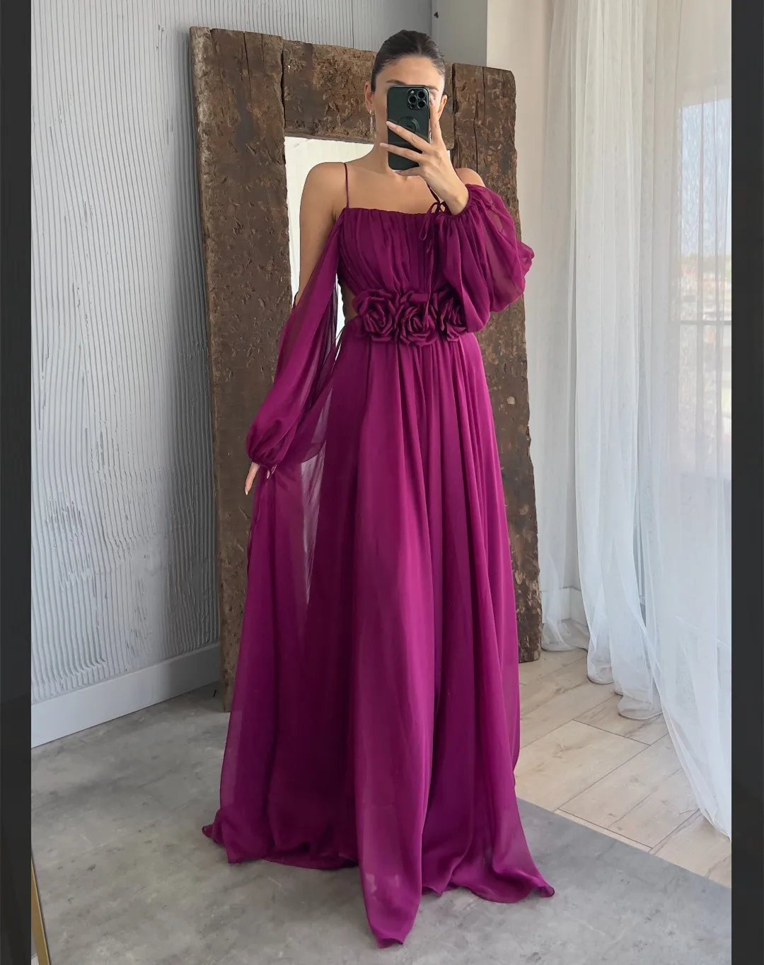 

Customized Long Plum Chiffon Evening Dresses With Slit A-Line Spaghetti Straps فساتين السهرة Floor Length Prom Dress