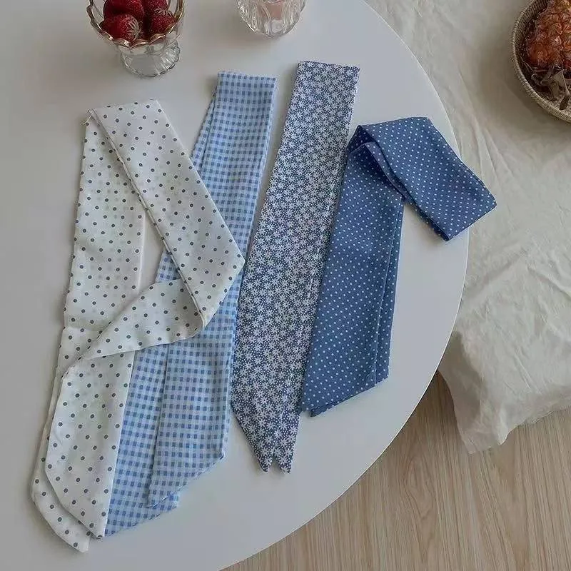 4 шт., женский узкий длинный шарф 6X90 см, синий шейный платок с принтом, сумка на голову, аксессуар для волос, лента на шею, украшение пояса