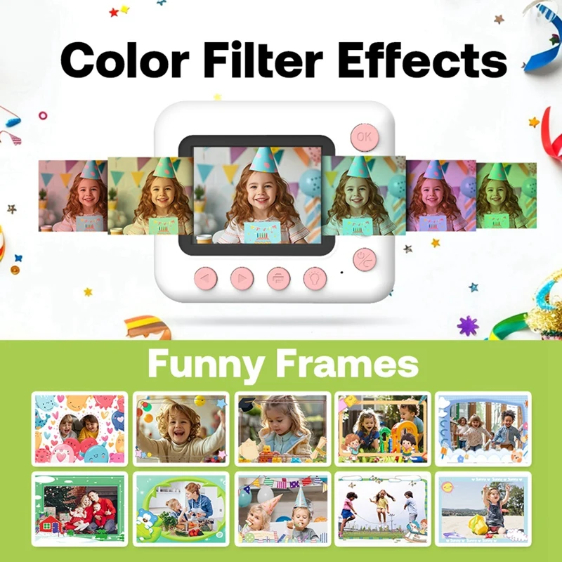 子供用インスタントプリントデジタルカメラ,1080p HDカメラ,2.4インチIPSスクリーン,10倍光学ズーム,32GB TFカード,ピンク