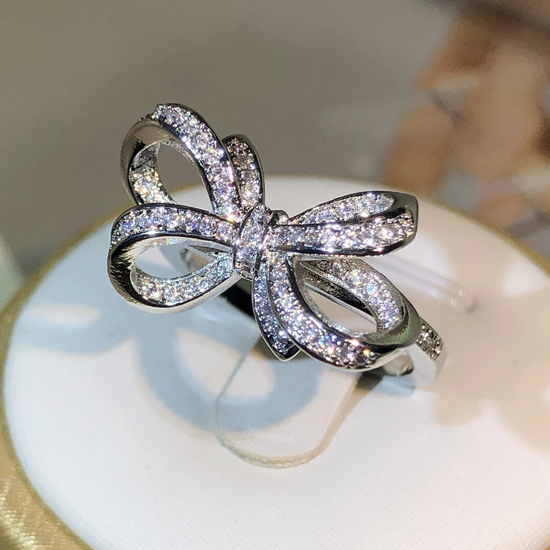 French Exquisite Bow Ring 925 Sterling Silver Butterfly Ring For Ladies Net Celebrity Jewelry Party Cocktail Party Outing Gift