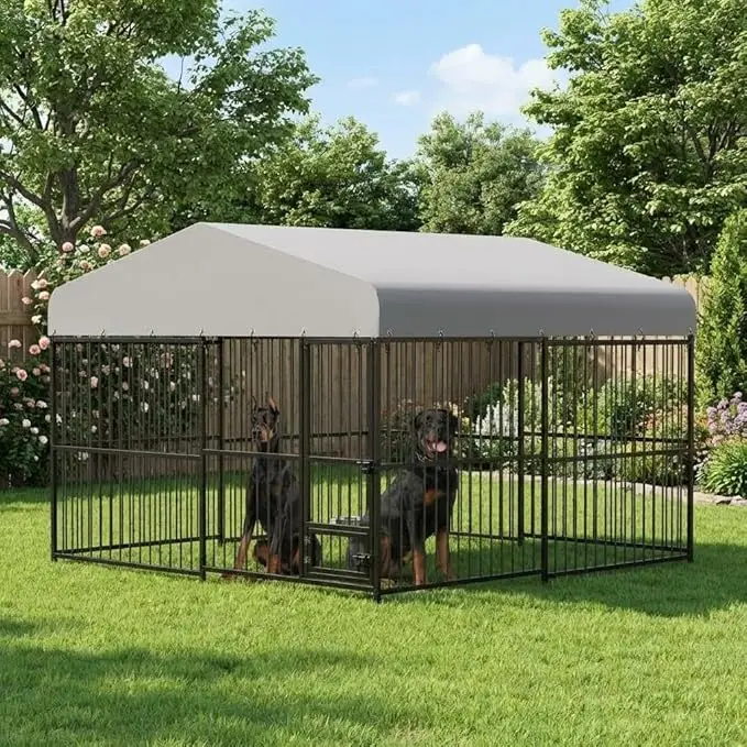 

10*10*6FT Dog Kennel Outdoor, Heavy-Duty Metal Dog Playpen for Large & Medium Dogs, Dog Crate Enclosure with Waterproof UV-Resistant Cover, Secure Lock & Easy Assembly