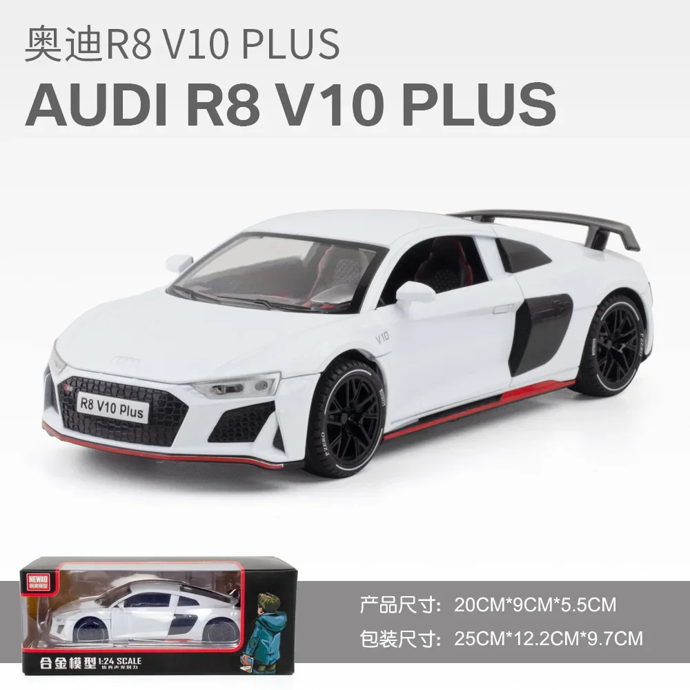 1:24 AUDI R8 V10 Plus Sports Car Alloy Model Metal Toy Car Diecast Simulation Sound & Light Collection Toys For Boys Gifts A405