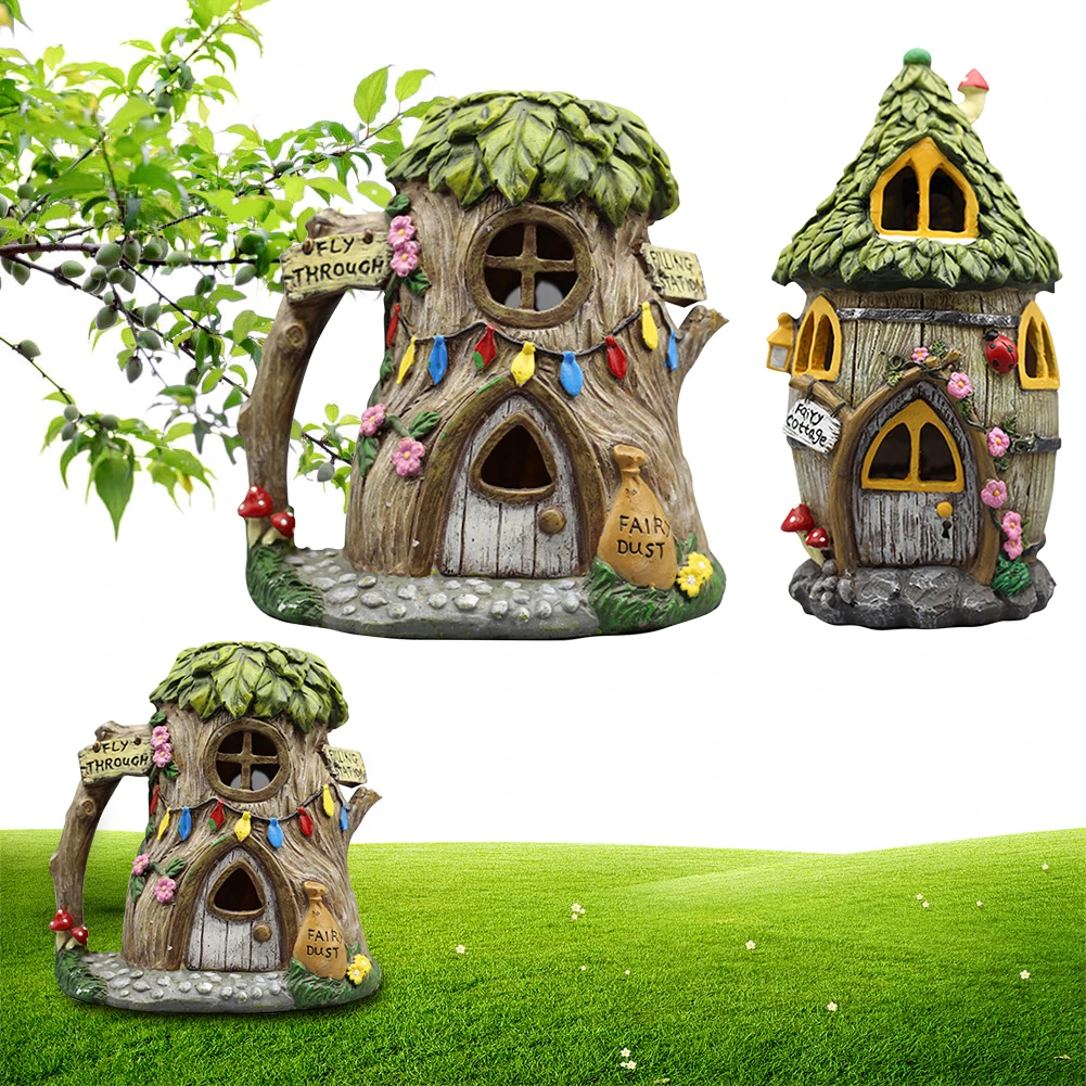 House Statue Solar Powered Led Light Resin Houses Sculptures Waterproof House Craft Miniature House Figurine Cottage Lamp Decor