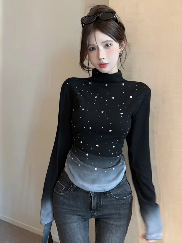 

SMTHMA Autumn Winter new niche pentagram starry sky pattern gradient color base T-shirt for women Clothing