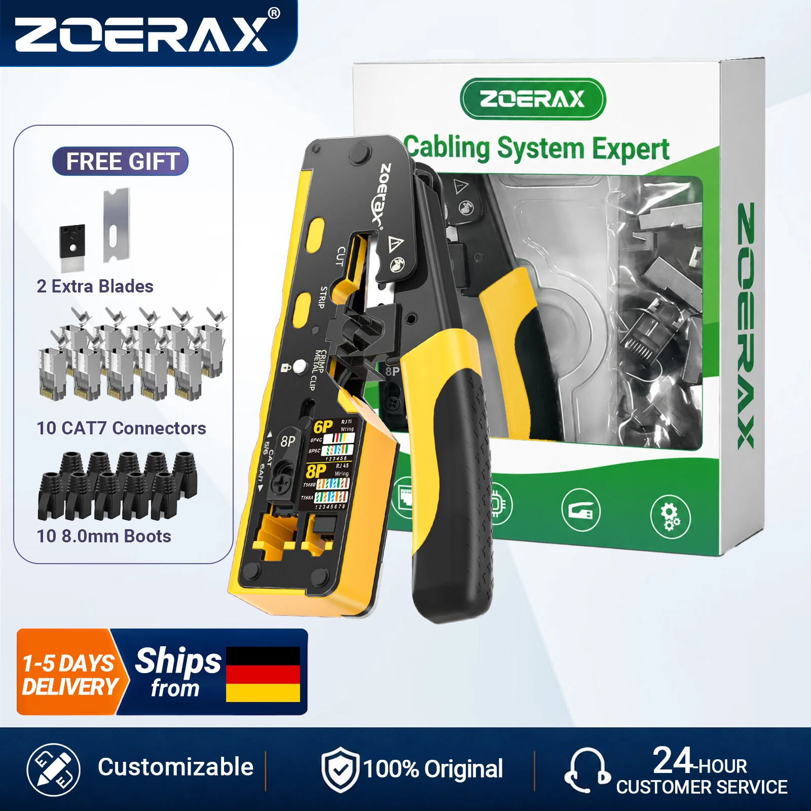 Kit di strumenti per crimpare cavi RJ45 CAT7 CAT6, pinza per crimpare RJ45, spelafili e taglierina per cavi Cat7, Cat6a, Cat6, Cat5e, connettori RJ45, con 10 connettori Cat7 e 10 guaine protettive.