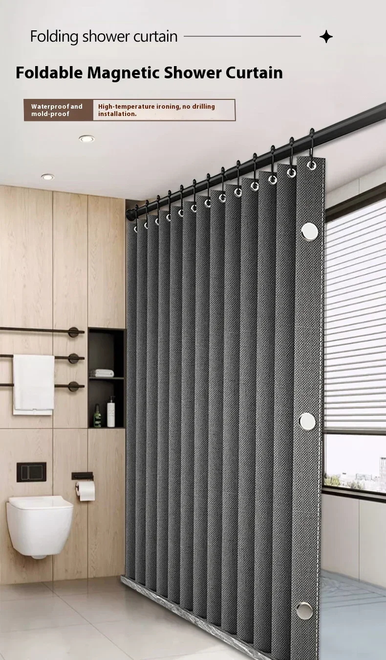 Magnetischer Faltbarer Leinen-Duschvorhang Wasserdicht für Walk-In-Dusche - Ohne Verstellbare Stange – Detail 1