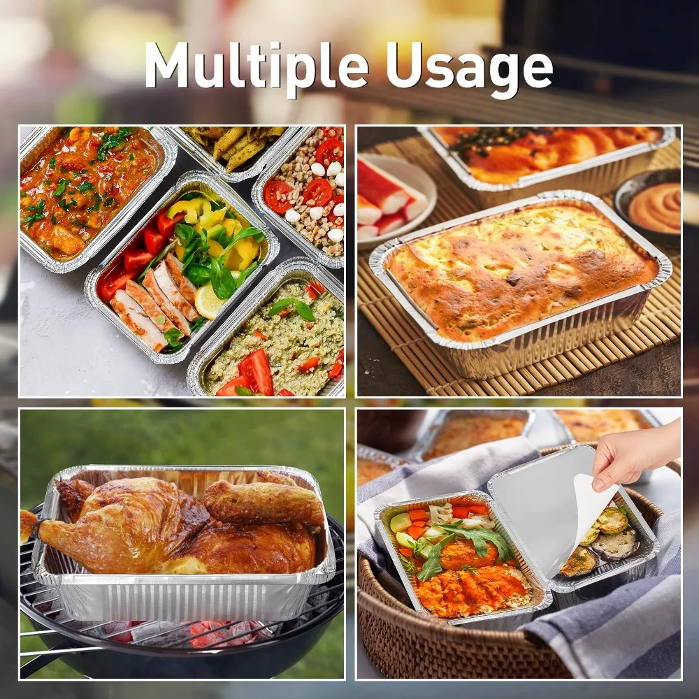 10PCS New With Lids Aluminum Foil Trays Square Disposable Foil Food Containers Non-Stick Cooking Kitchen Tool BBQ Bowl Takeaway
