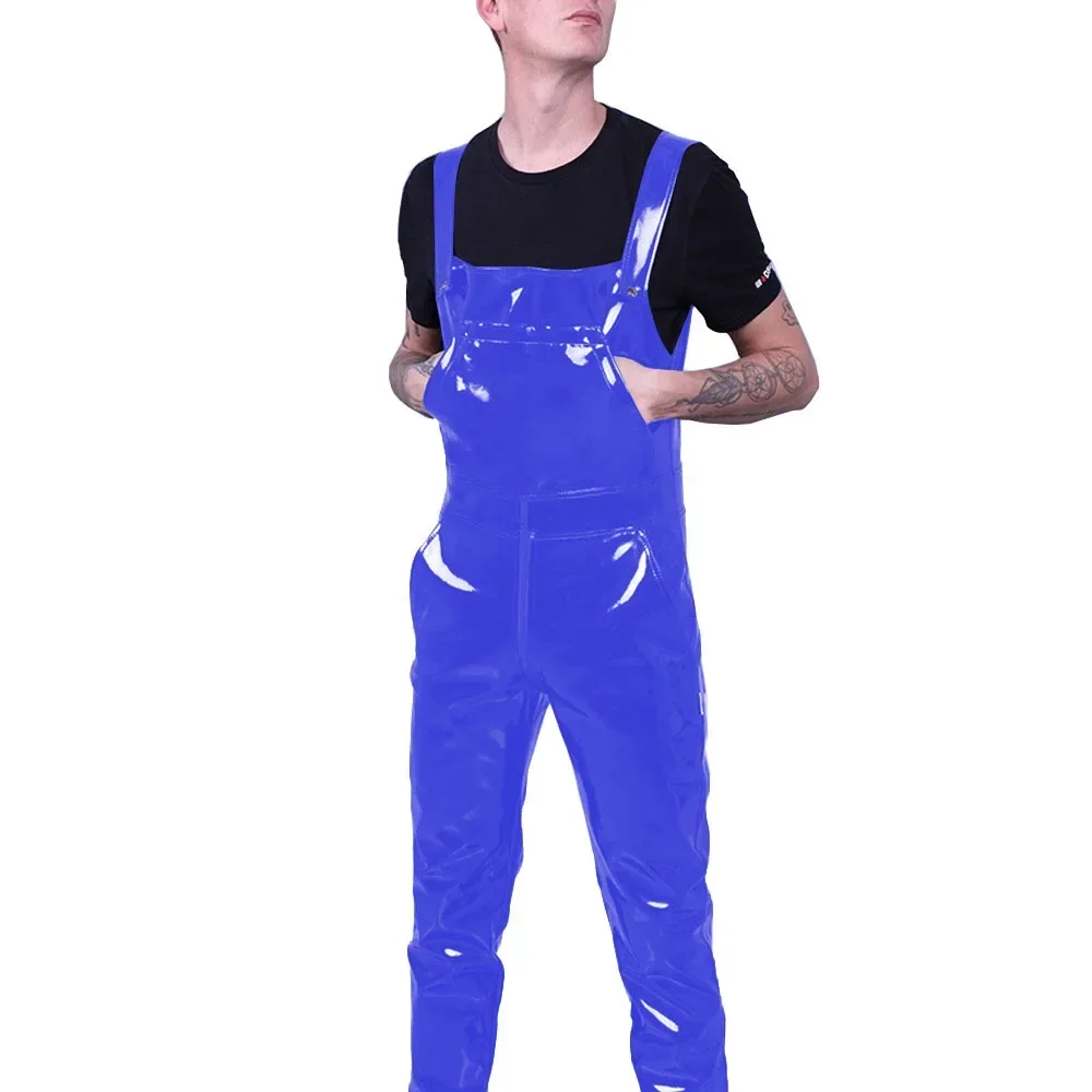 Men's PVC Leather Dungarees,Nightclub Strap Suspender Pant Rompers,Male Fetish,Adjustable Zipper,Open Crotch Overalls, 7XL