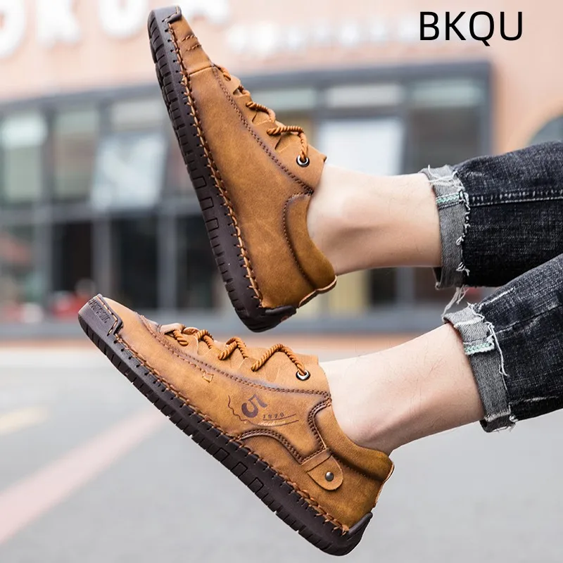 Men\'s Leather Shoes Lightweight Flat Heel Casual Round Toe Comfortable Outdoor Trendy All-match Fashion Spring Autumn Main Push