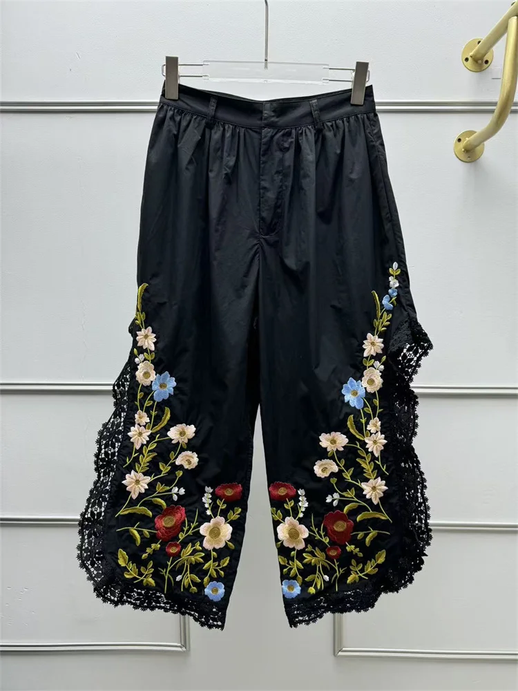 Autumn New Women's Lace Hollow Out Splice Loose Fit Side Slit Floral Embroidery Ankle-Length Pants