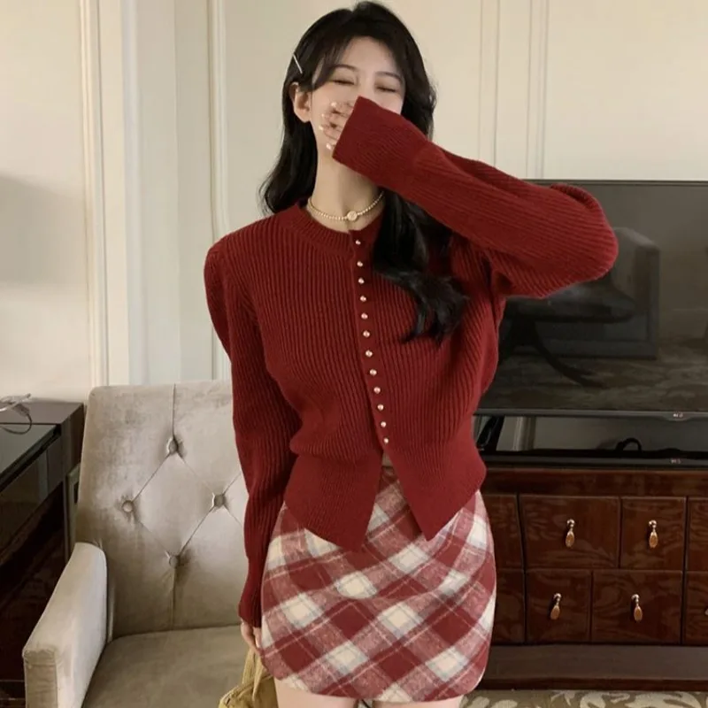 

Длинный вязаный свитер в стиле ретро, женский весенне-осенний ор Design Sensation, красный элегантный открытый кардиган, прямая трубка pe