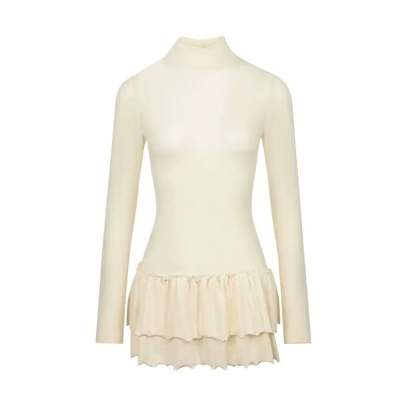 Abito t-shirt a maniche lunghe con collo mezzo alto Donna Autunno Inverno Solido Slim Fit Base sovrapposta Mini abiti con volant Semplice