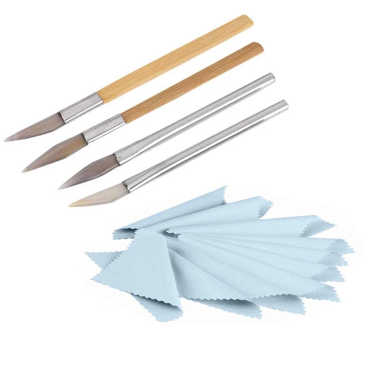 1Set Agate Burnisher Knife Polishing Tool, Natural Stone Burnishing Knife for Golds Silver Jewellery with 10Pcs Polishing Cloths