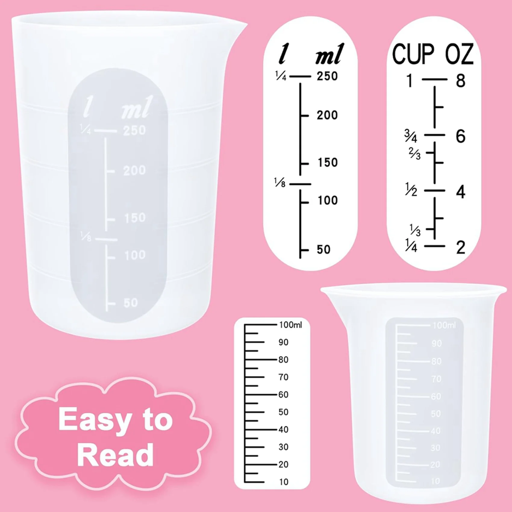 12Pcs Silicone Measuring Cups Set - 4Pc 250Ml Reusable Silicone Cups, 8Pcs Non-Stick Measuring Cups, Epoxy Mixing Cups