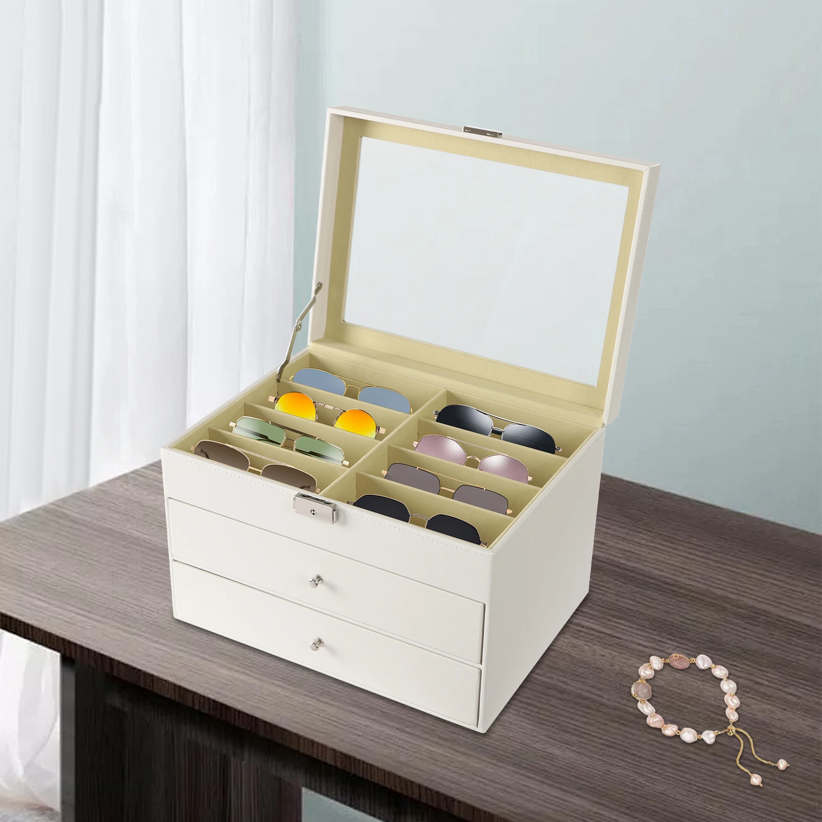 24-مقصورة عرض النظارات مادة PU 3-Tier تصميم 34*25*19 سنتيمتر حجم لوحة زجاجية صندوق تخزين النظارات المهنية