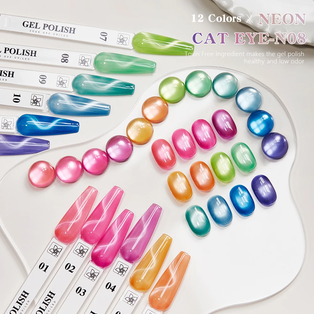 Vendeeni 12 Colors/Set Neon Light Cat Eye Gel Nail Polish UV LED Glitter Powder Crystal Magnetic Nail Varnish With Color Card