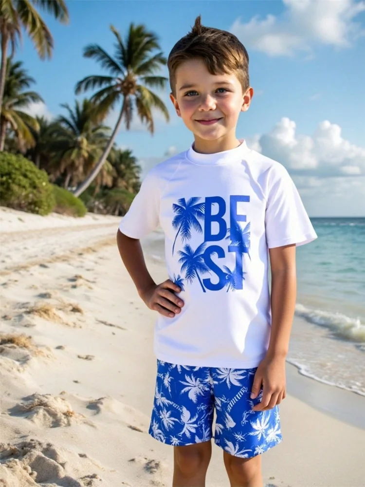 

Kids Boy Swimsuit 2026 New Blue Letter Coconut Tree Short Sleeve Children Swimwear Summer Shorts 2 Piece Beachwear Bathing Suits