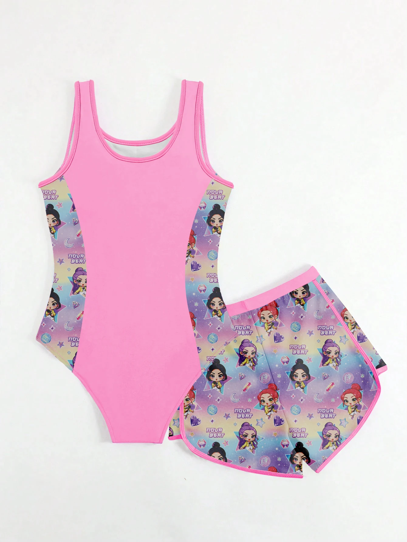 Kids Girls 2Pcs Swimsuit K-POP Nova Beat Print Pink One Piece Bathing Suit with Shorts Quick Dry Summer Beach Swimwear