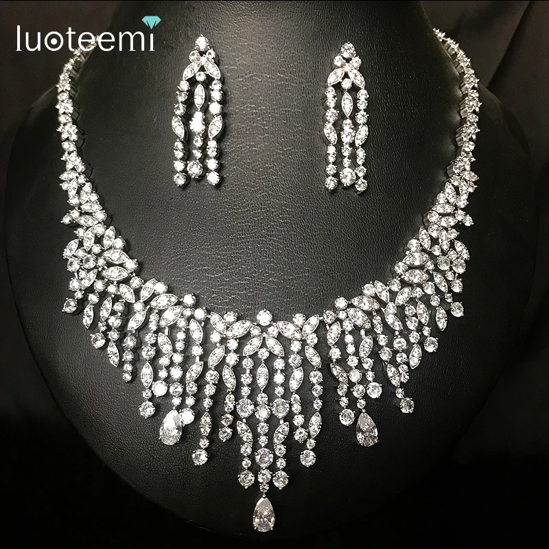 LUOTEEMI Fashion Luxury Cubic Zircon Tassel Necklace Earrings Set for Women Stunning Wedding Bridal Ceremony Party Shinning Sets