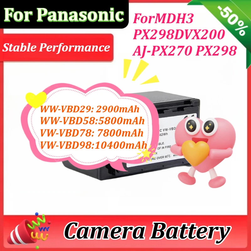 

7.2V 2900mAh/5800mAh/7800mAh/10400mAh VW-VBD29 VBD58 VBD78 VBD98 for Panasonic MDH3 PX298 DVX200 AJ-PX270 PX298 Camera Battery