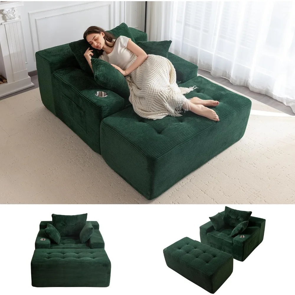 

Oversized Chaise Lounge Sofa, Upholstered Lounge Chair with 3 Pillows Indoor, Tufted Boneless Sofa Couch with Ottoman