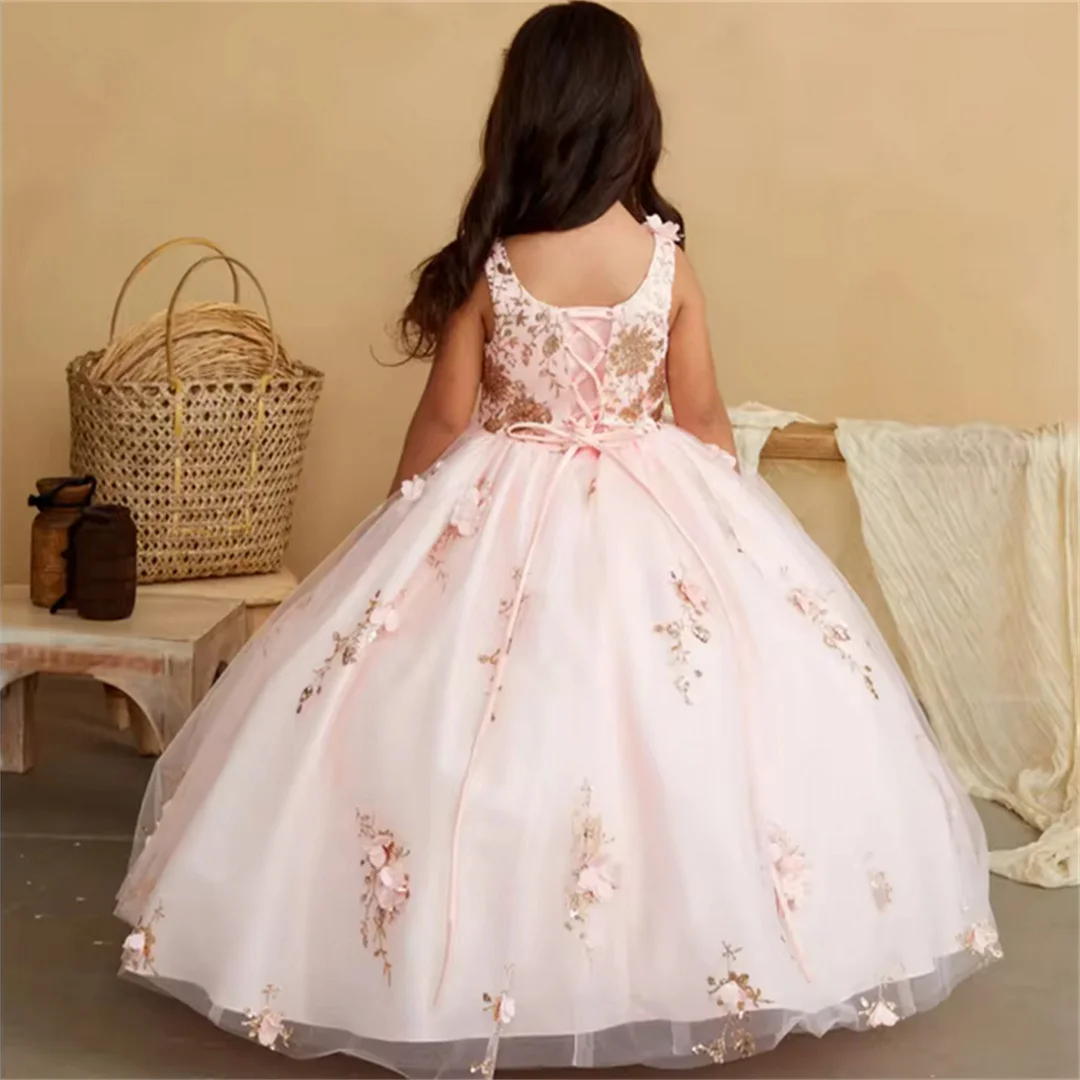 Customized Flower Girl Dresses Pink 3D Flowers Pattern Appliques Sleeveless For Wedding Birthday Prom Banquet Princess