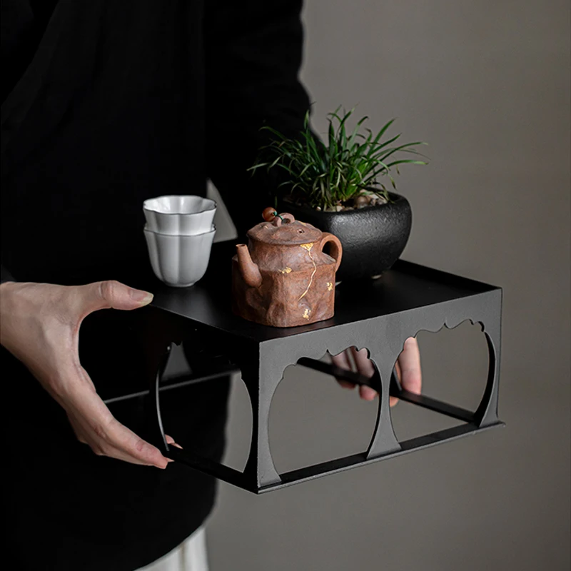 Iron Tea Shed Storage Rack Square New Chinese Bowl Cup Set Display Indoor Decor Base Placement Small Table Teaware Storage Frame