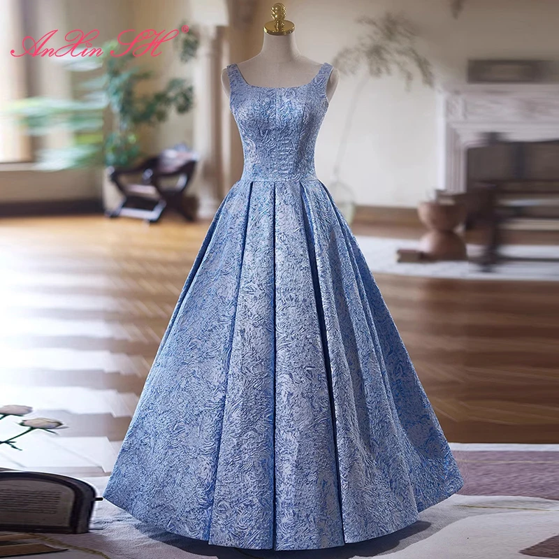 AnXin SH  princess sky blue flower satin o neck sleeveless sparkly stage ball gown lace up party customized evening dress