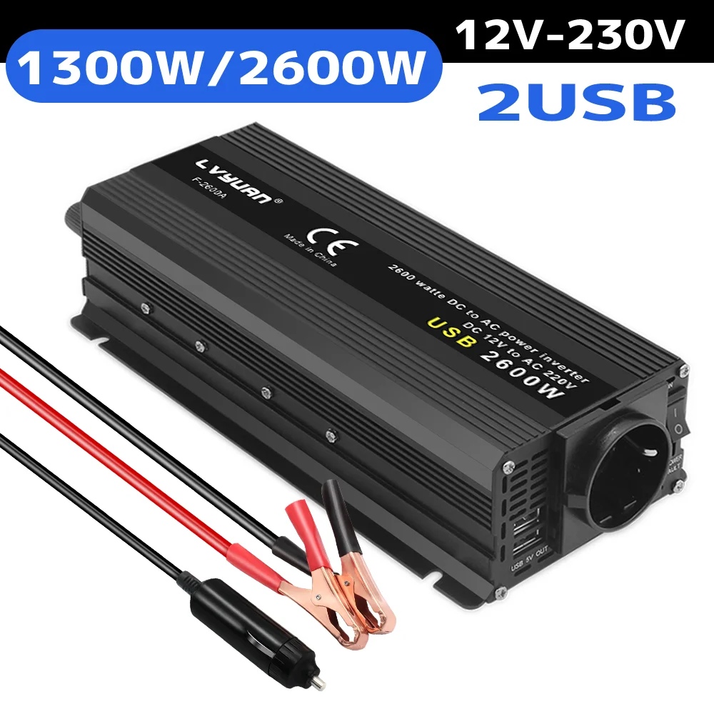 500W-2600W Power Inverter DC12V naar AC230V Auto Voltage Converter EU Socket 2 USB Opladen 50Hz Gemodificeerde Sinus EU Snelle levering - afbeelding 2