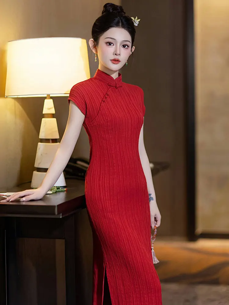 

Новое красное китайское длинное платье-ципао для молодых девушек, в стиле ретро, летнее, модное, элегантное, для повседневной носки, из смесовой ткани (полиэстер/спандекс)