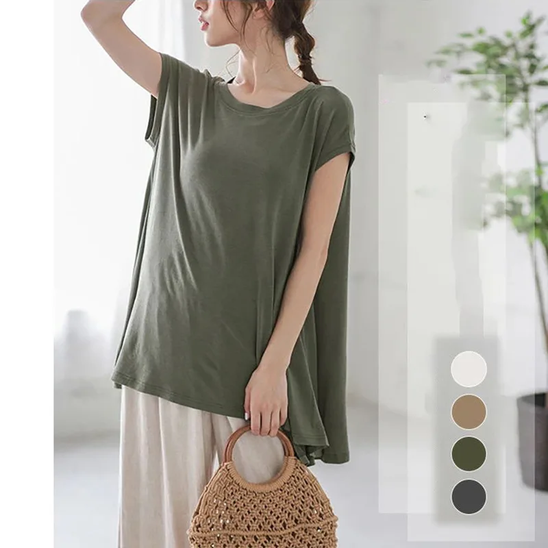 

Lotte New Japanese Trend Large Size Mid-length T-shirt for Women Round Neck Short Sleeve Casual Loose Solid Color Top 4 Colors