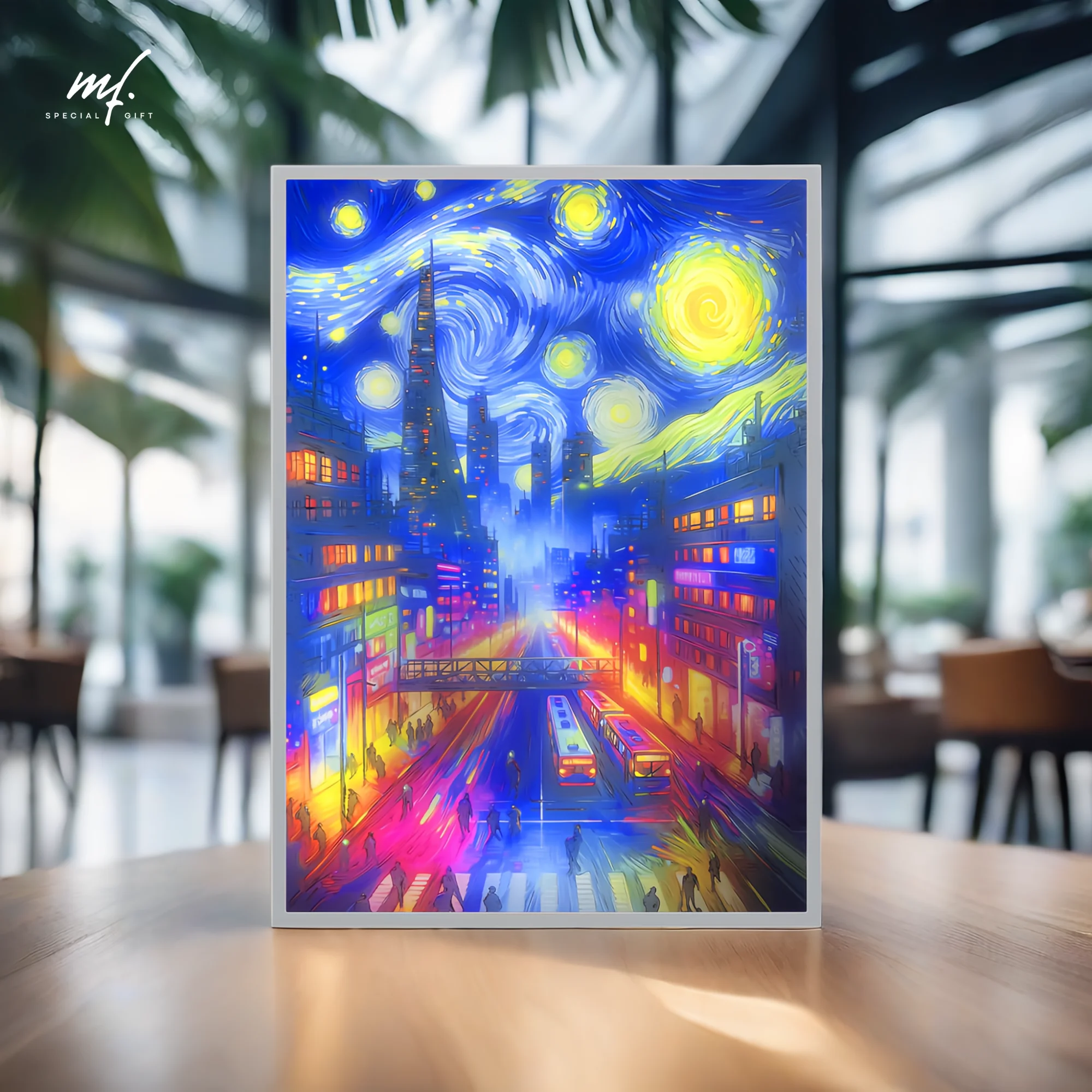 Pintura de luz de cielo estrellado LED cyberpunk Van Gogh, Marco simple, lámpara de noche recargable de atenuación USB, decoraciones para el hogar,