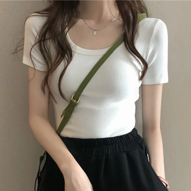 O Neck Threaded White T-Shirt Women Summer Casual Basic T Shirt Sexy Streetwear Ribber Black Short Sleeve Tops