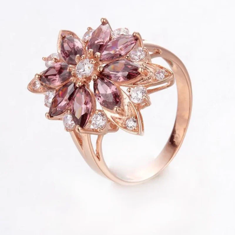 Showy Luxury Red Gem Flower Engagement Ring Plated Rose Gold Rings for Women Fashion Fine Jewelry Gift