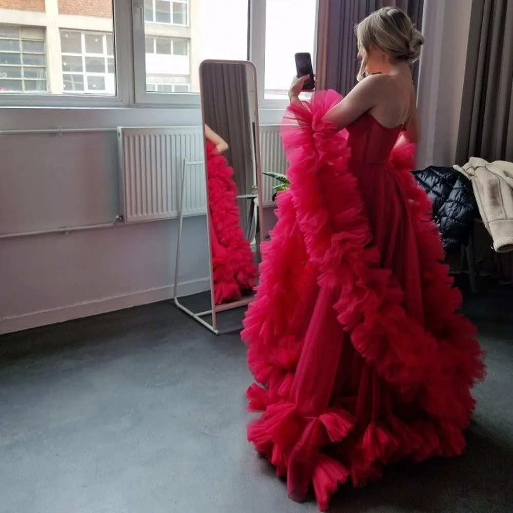 Charmoso vestido de baile em camadas vermelho com envoltório de tule querida vestidos de noiva longos femininos vestidos formais de festa para meninas