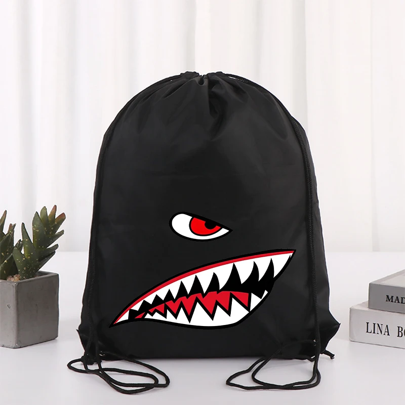 Shark Mouth Design Shoe Bag Drawstring Bags Cartoon Printed Sports Storage Bags Large Capacity Waterproof Backpack Birthday Gift