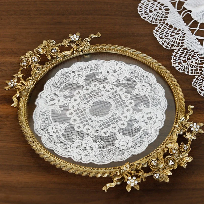 French Retro Lace Glass Jewelry Tray Entryway Storage Tray Candle and Aromatherapy Tray for Living Room Desktop