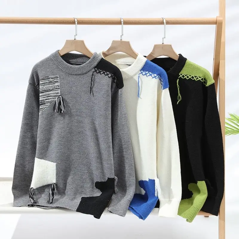 Pullover Men Clothes New Thick Fashion Warm Color Blocked Sweater for Men in Autumn and Winter, Loose Knitted Sweater