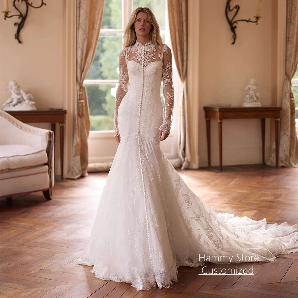 Exquisites Spitzen-Brautkleid Meerjungfrau-Stil Maßgeschneidert mit Hohem Kragen, Langen Ärmeln und Schleppe Arabische Brautkleider