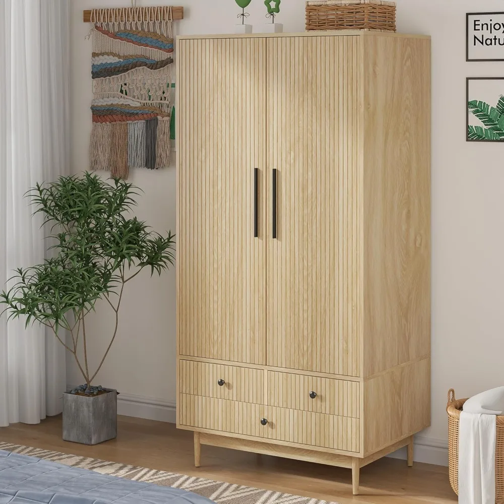 

Armoire Wardrobe Closet with 2 Fluted Doors,64.96" Wooden Clothes Storage Cabinet with Hanging Rod and Shelf Storage (Natural)
