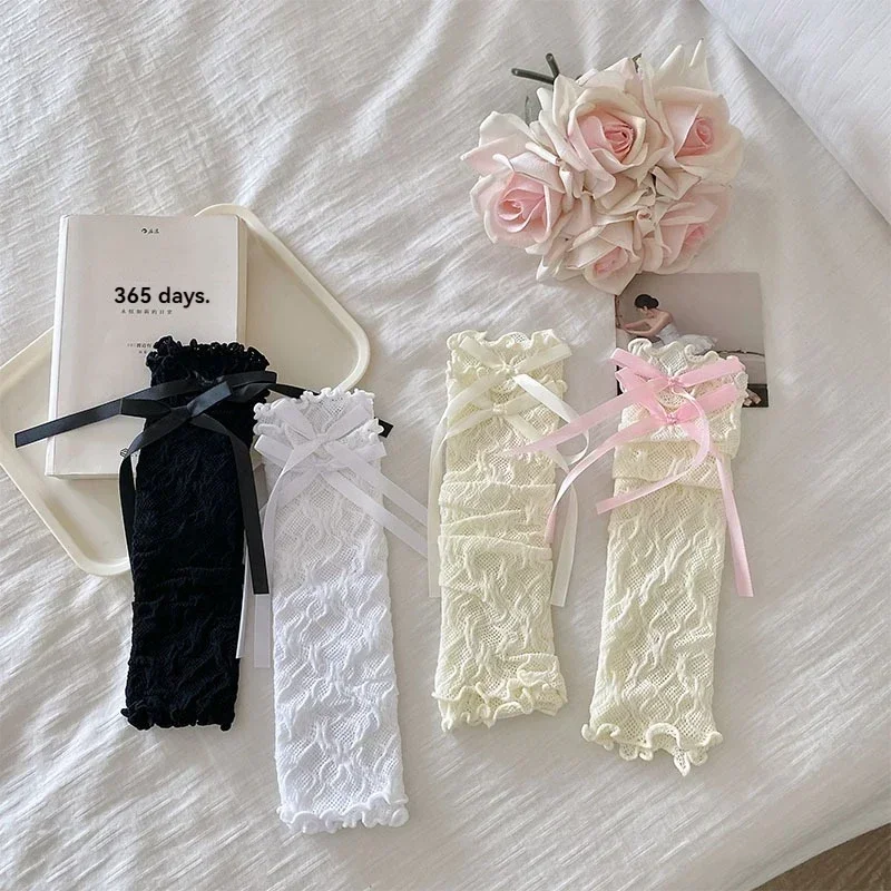 ロリータレース手袋バレエスタイル白レース袖女性の薄い夏の日焼け止め換気 Y2K かわいい弓手袋女の子のための