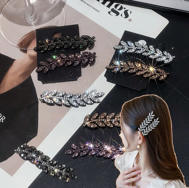 2pcs Elegant Sparkling Wheat Shape Hair Clips for Women Bangs Side Clips Hairpins Shining Rhinestone Barrettes Hair Accessories