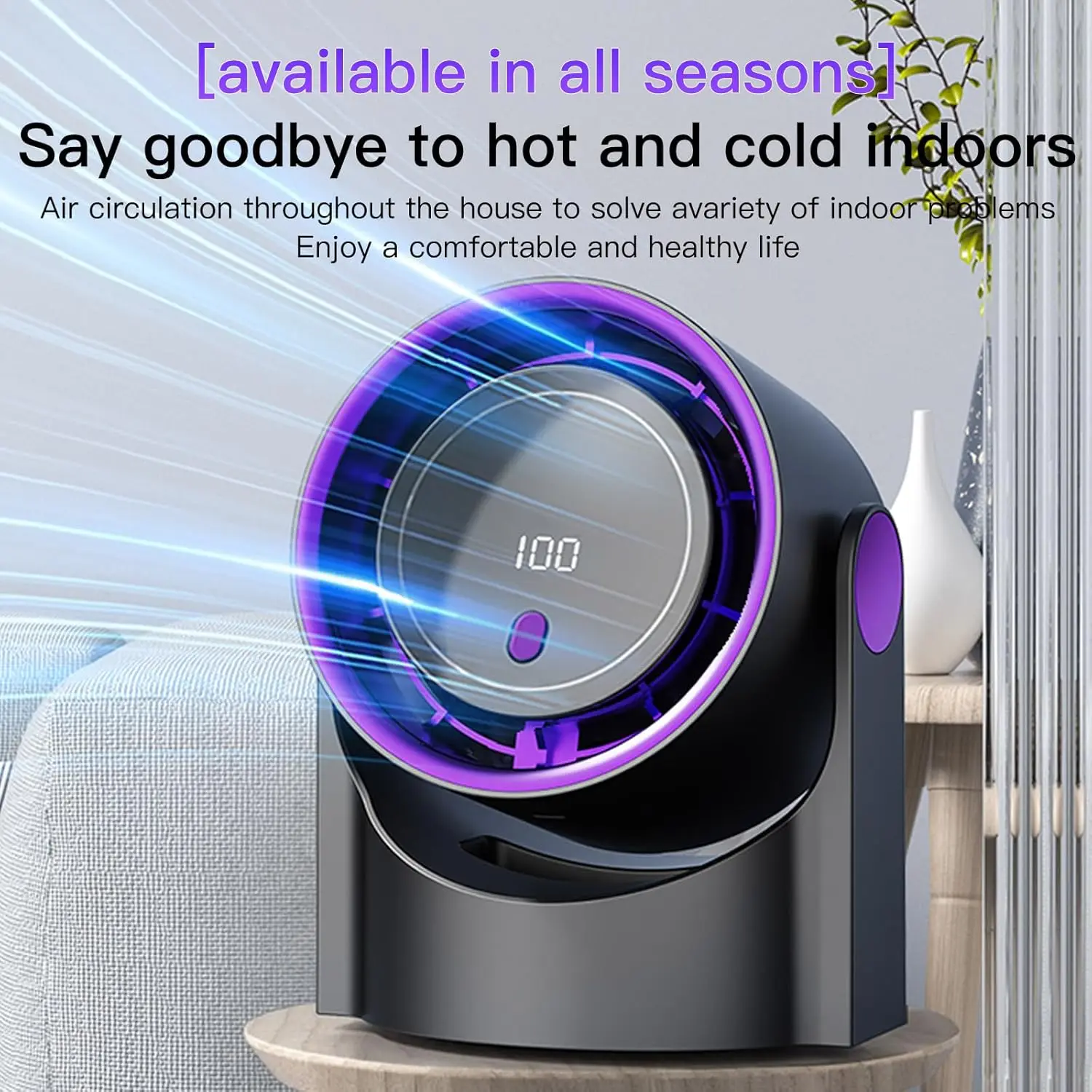 Ventilador de Mesa Circulante de 100 Velocidades com 3 Modos de Temporizador, Carregamento Tipo-C, Display LED, Ultra Silencioso, Montagem na Parede Sem Furos